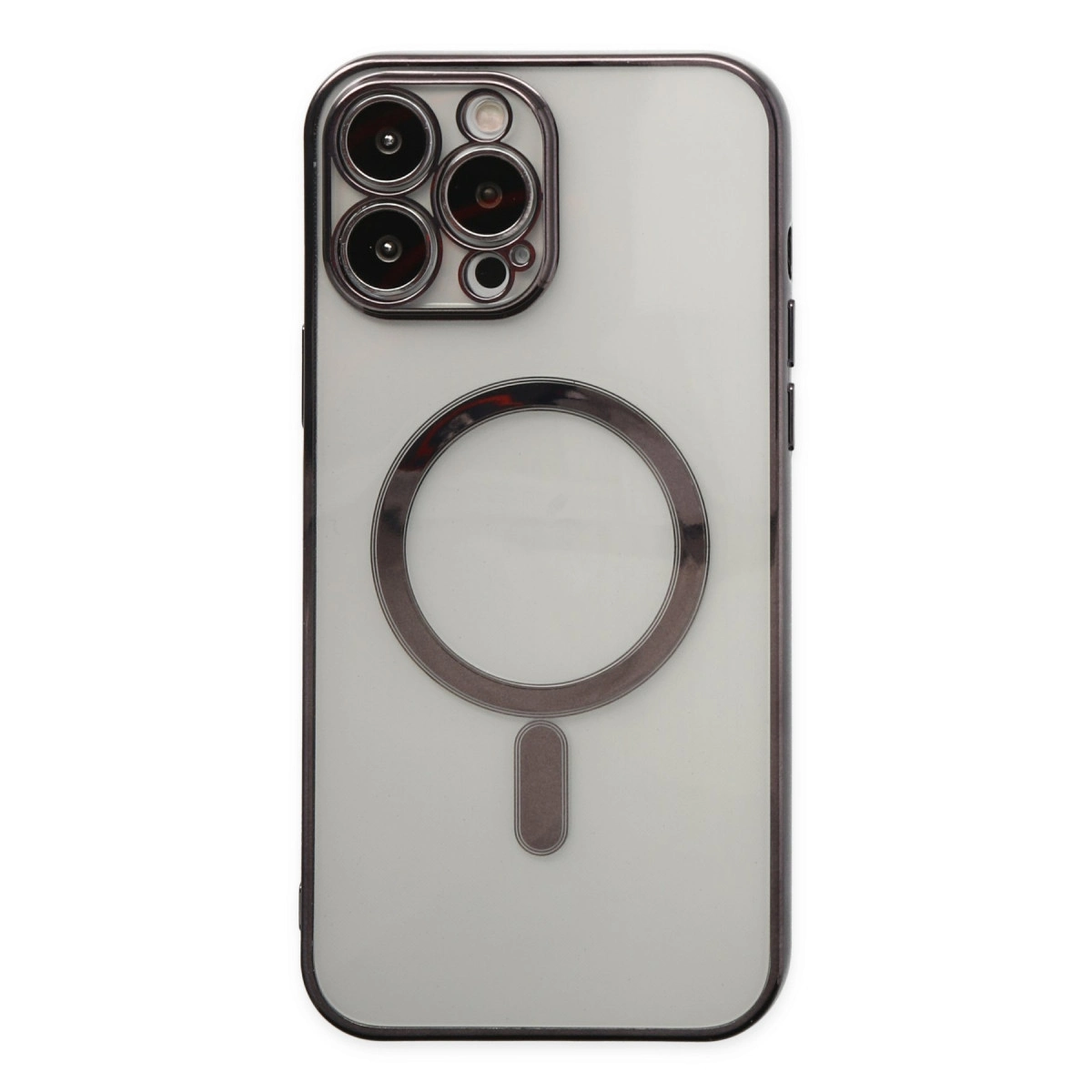 Dört kameralı ve manyetik halkalı şeffaf telefon kılıfının arkası.