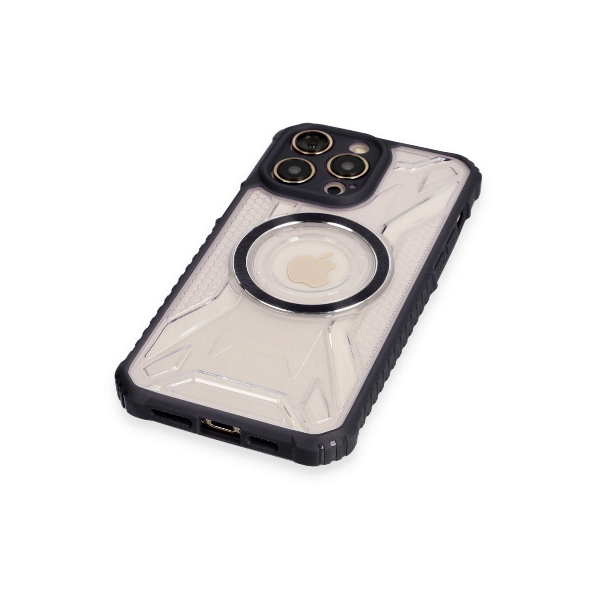 Siyah kenarlı şeffaf iPhone kılıfı, kamera lenslerini ve Apple logosunu gösteriyor.