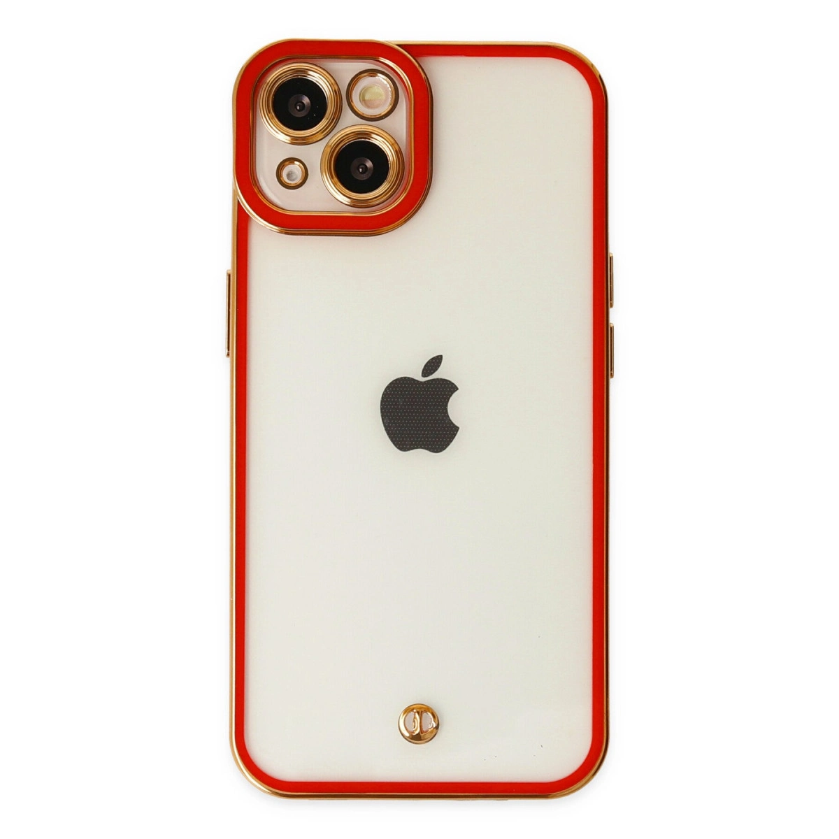 Kırmızı kenarlı, altın aksanlı iPhone kılıfı ve Apple logosu.
