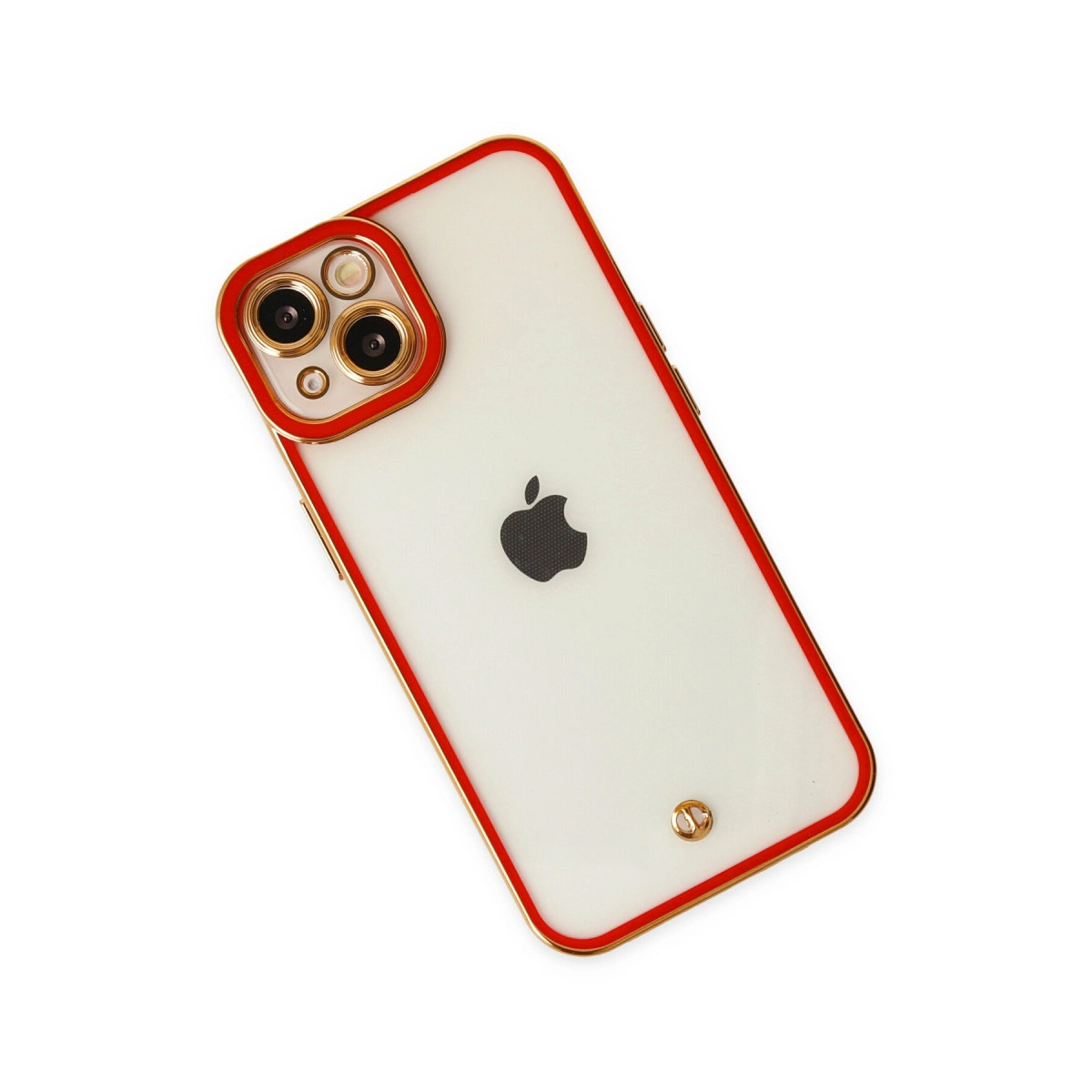 Üç kameralı, elma logolu, kırmızı ve altın kenarlıklı beyaz iPhone.