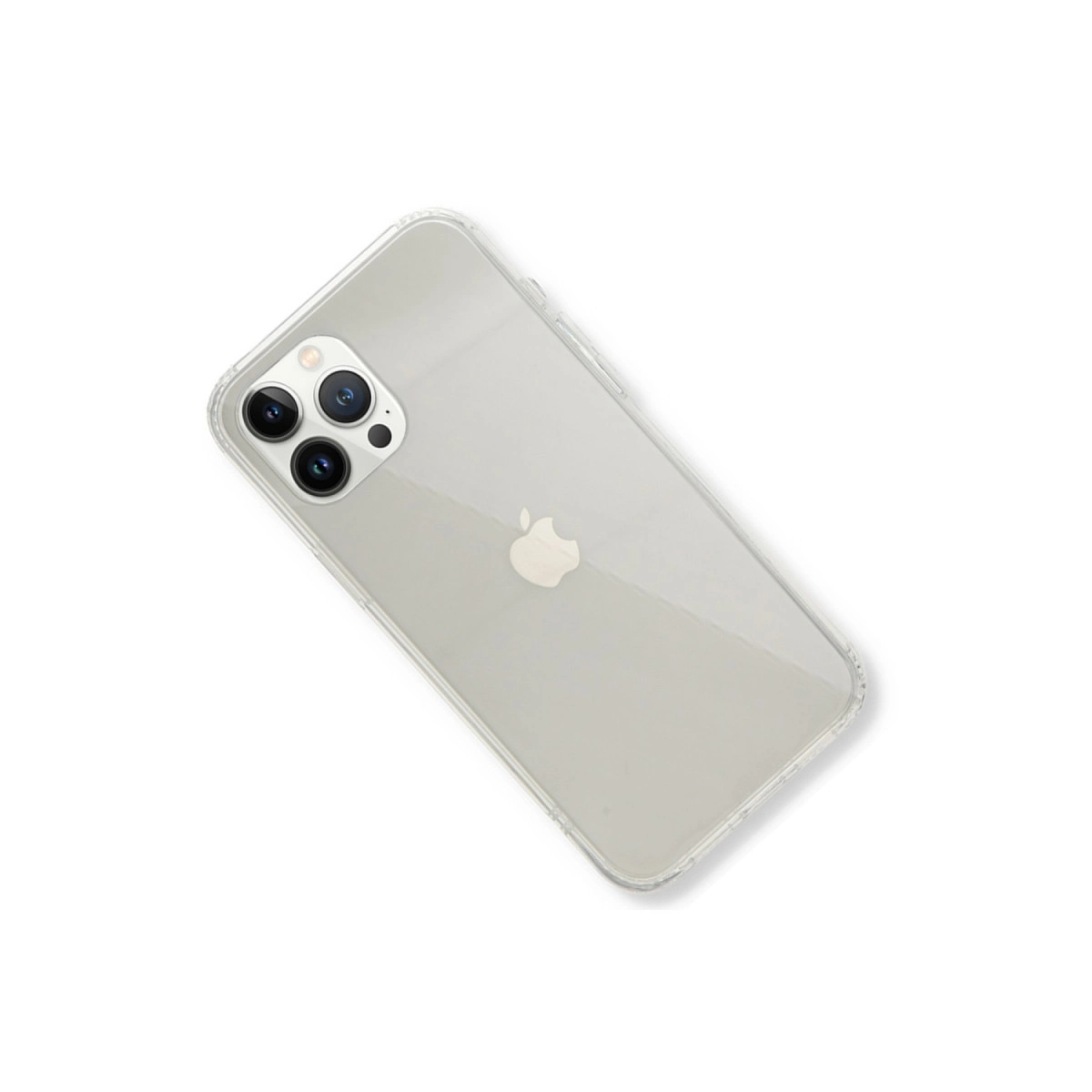 Üç kameralı ve Apple logosu bulunan şeffaf telefon kılıfı.