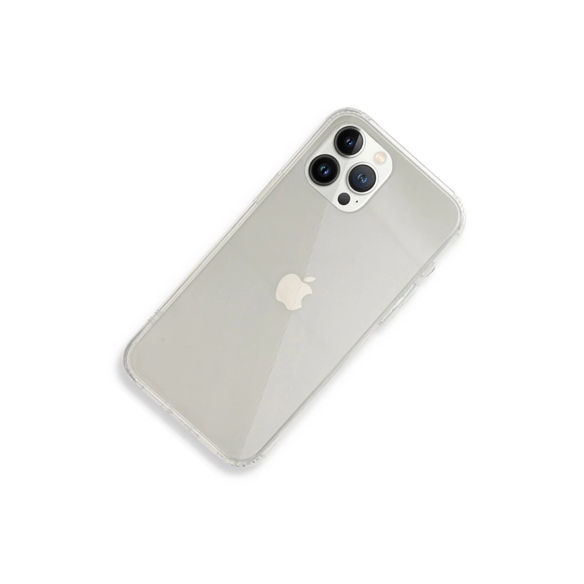 Arkada üç kamerası ve Apple logosu bulunan gümüş renkli bir akıllı telefon.