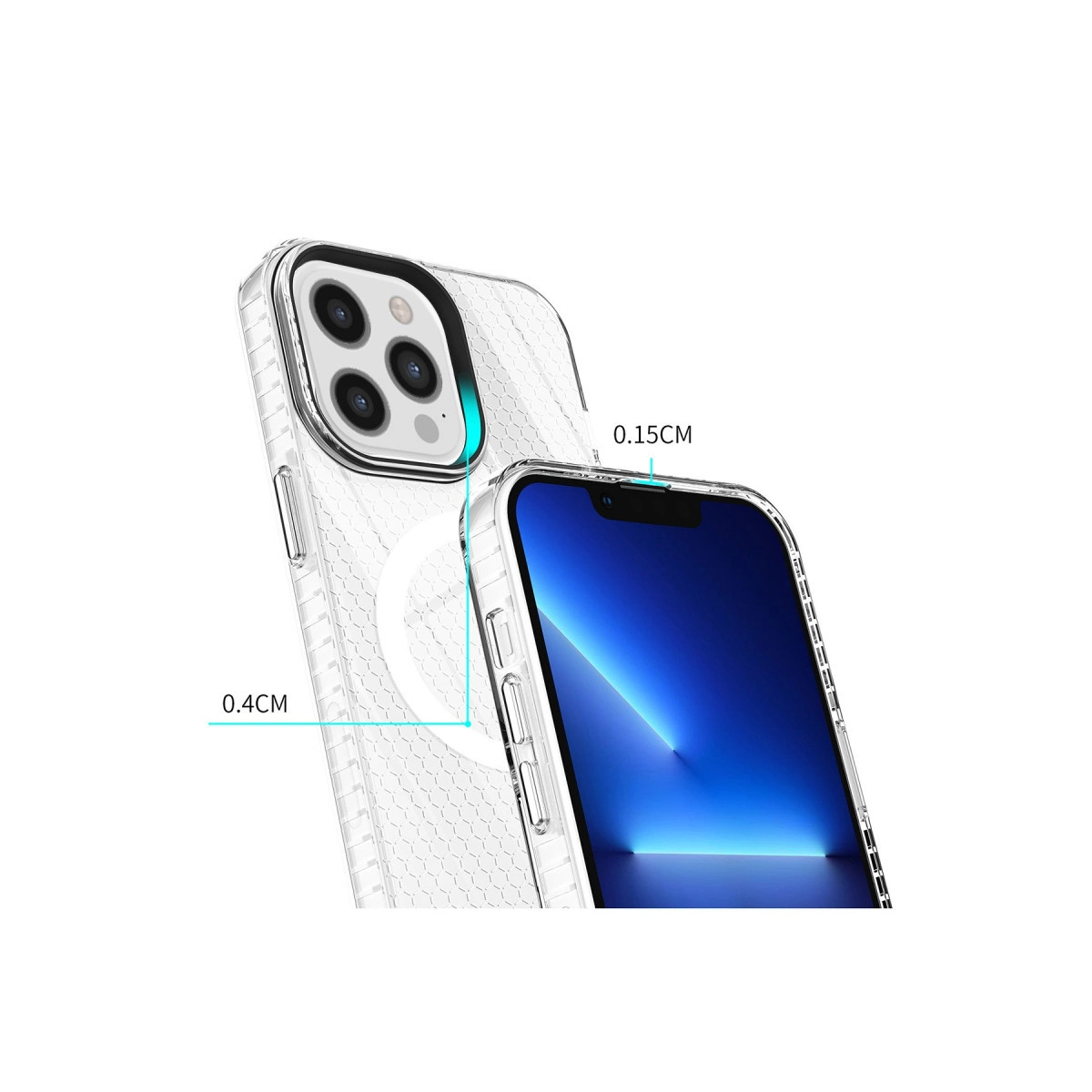 iPhone üzerinde şeffaf kılıf, 0,4CM ve 0,15CM ölçülerini gösteriyor.