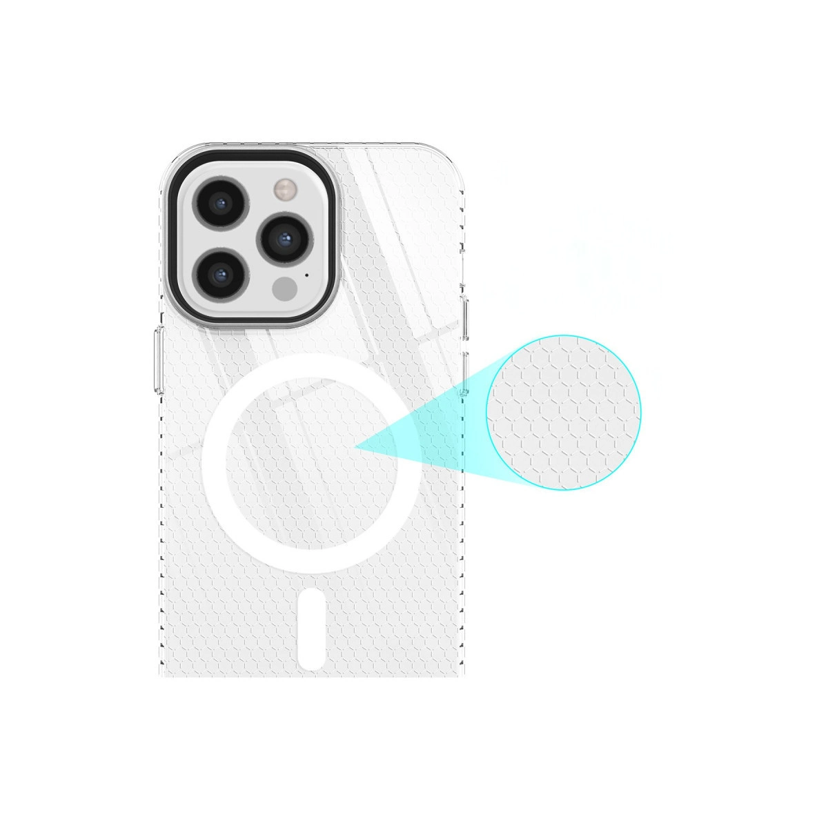 Altıgen desenli ve MagSafe halkalı şeffaf telefon kılıfı.