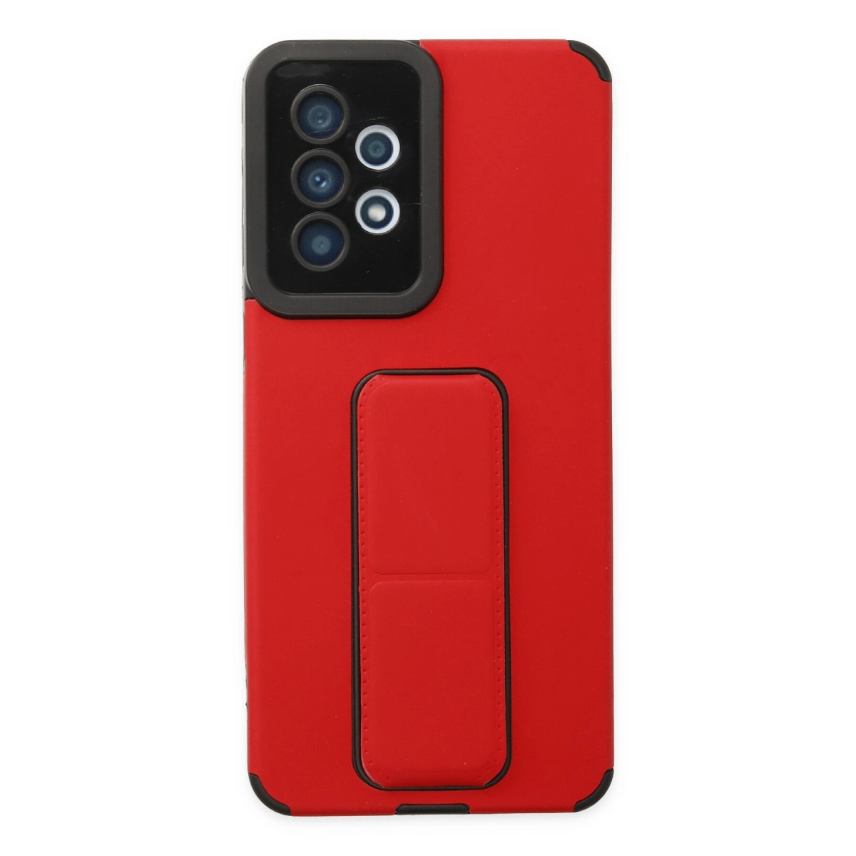 Entegre tutma yeri olan siyah kamera modüllü kırmızı telefon kılıfı.