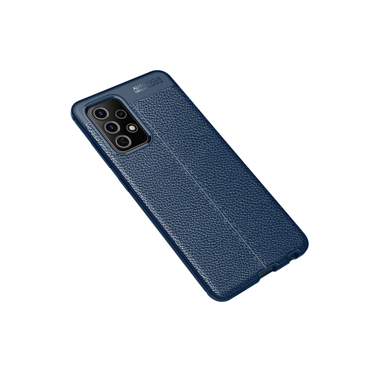 Dokuul deri kaplamalı, kamera kesimli lacivert telefon kılıfı.
