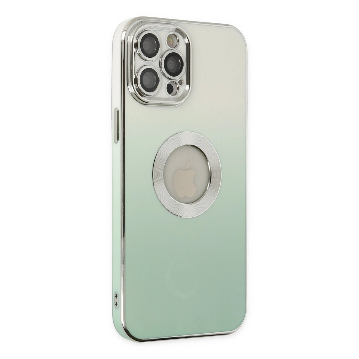 Kamera ve Apple logosu bulunan yeşil iPhone kılıfının arkası.