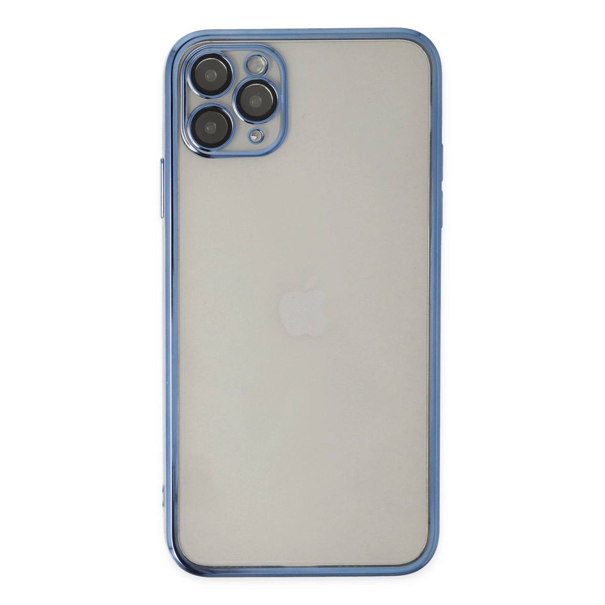 Mavi kenarlıklı, üç kameralı şeffaf iPhone'un arkası.