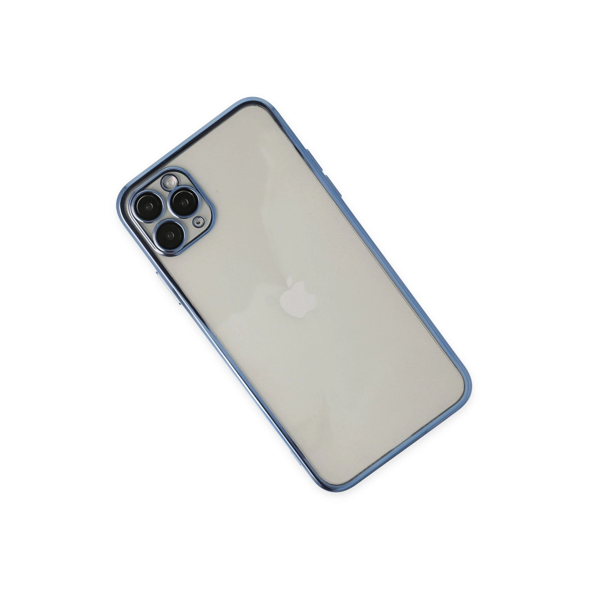 Arkada üç kamerası olan mavi çerçeveli gümüş iPhone.