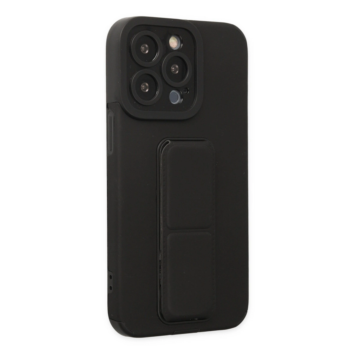 Entegre tutamaklı ve üçlü kamera lensli siyah telefon kılıfı.