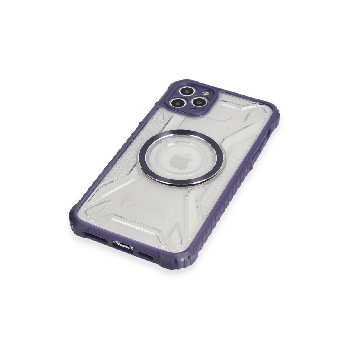 Mor tamponlu ve halka tutuculu şeffaf iPhone kılıfı, kameralı.