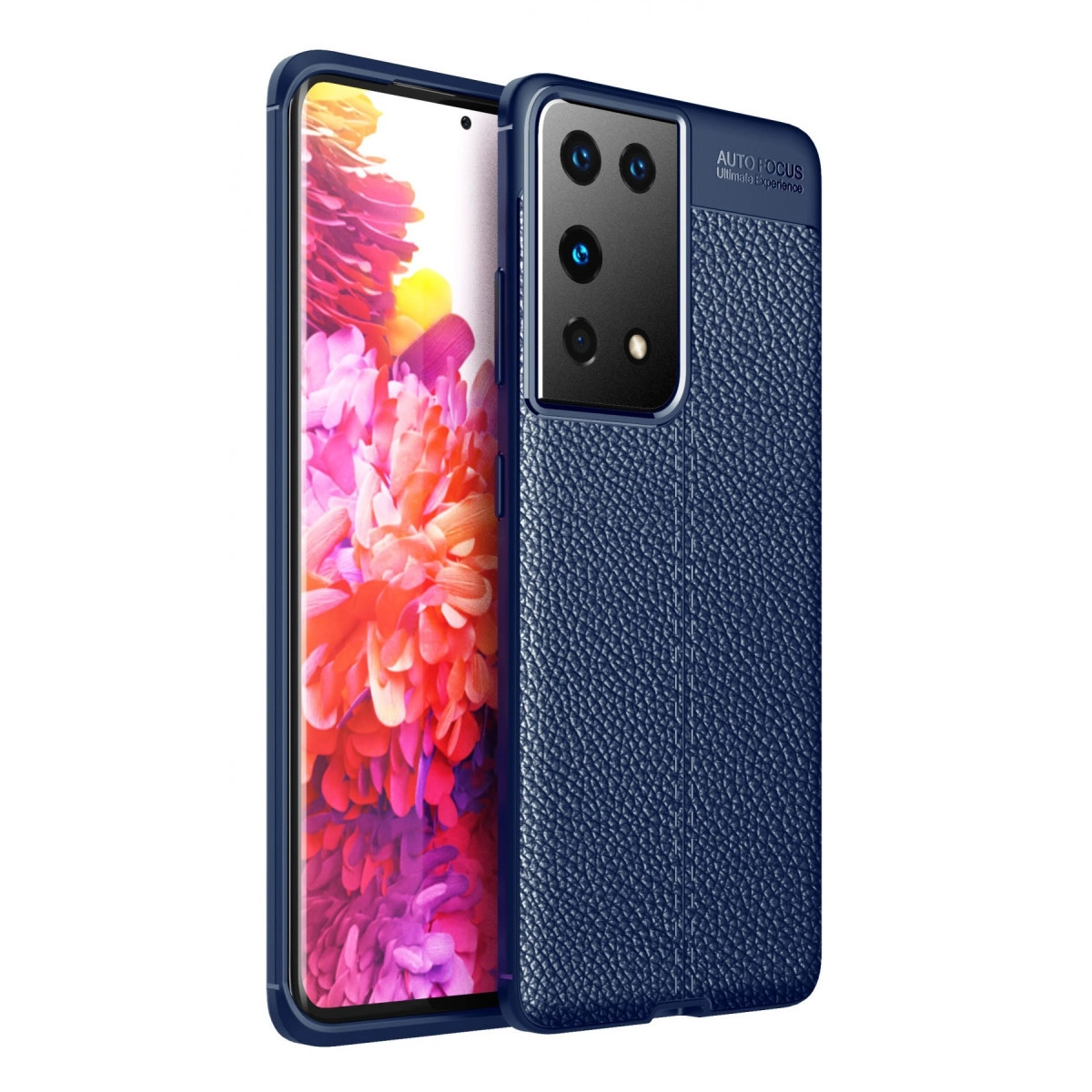 Kamera gösteren lacivert dokulu telefon kılıfı.