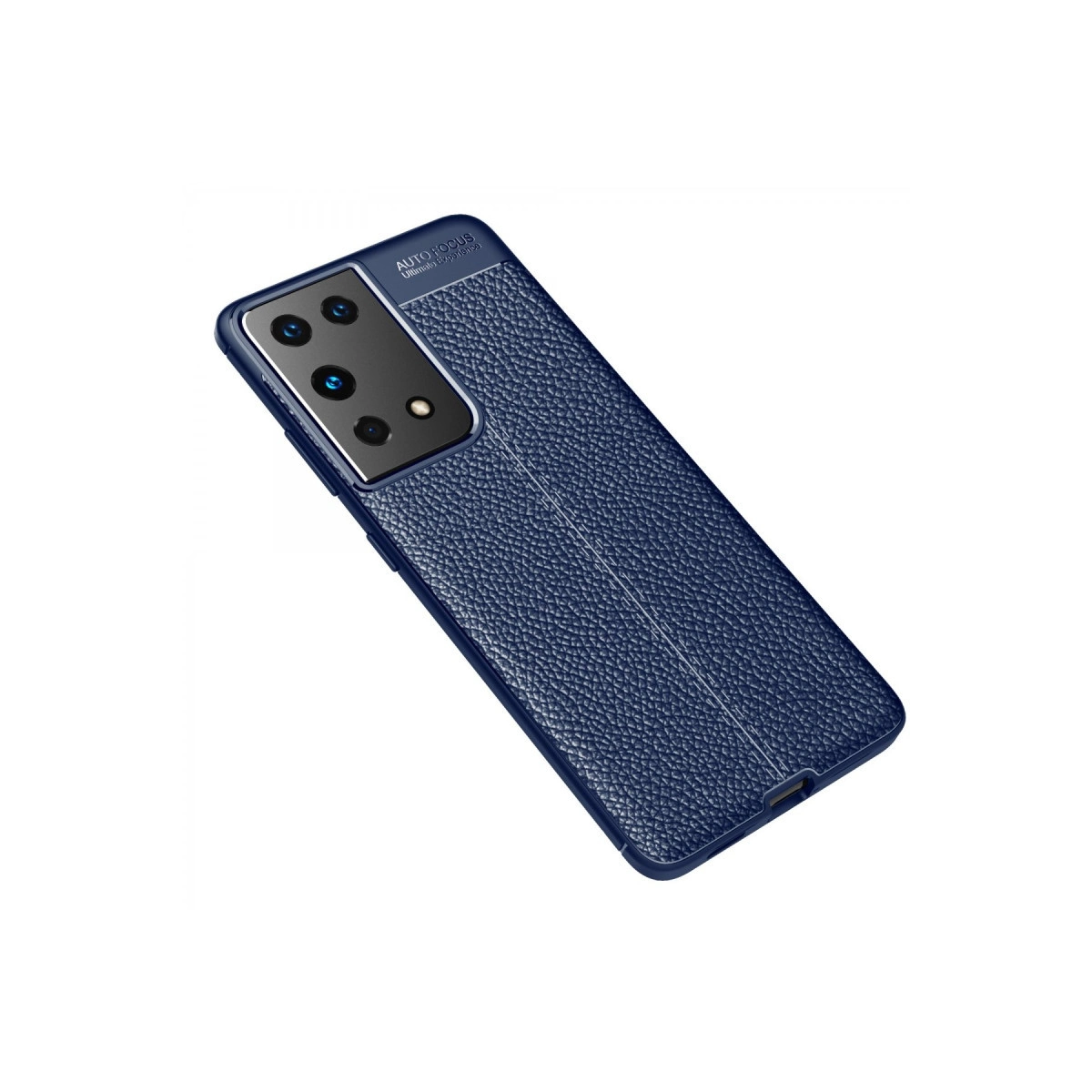 Arkada dört kamerası ve deri dokusu olan lacivert telefon.