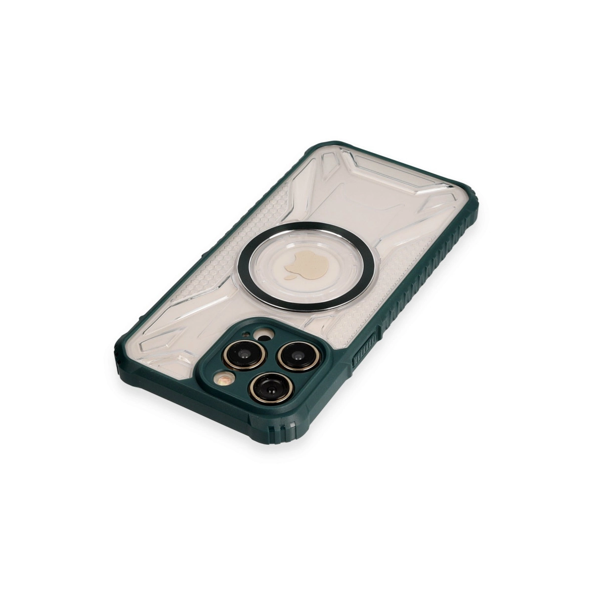 Şeffaf arka ve Apple logosuna sahip koyu yeşil telefon kılıfı.