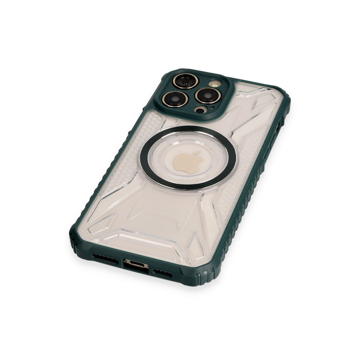 Yeşil vurgulu, üç kameralı şeffaf iPhone kılıfı.