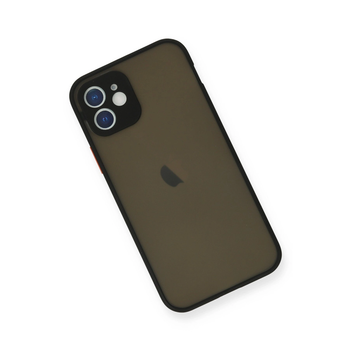 Siyah çerçeveli ve kamera lensli koyu kahverengi telefon kılıfı. Apple logosunu gösterir.