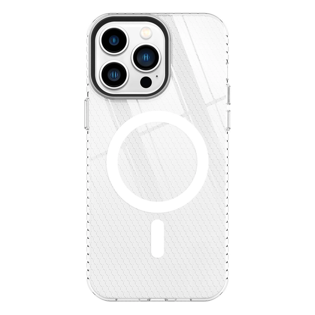 Üçlü kamera ve MagSafe halkalı şeffaf telefon kılıfı.