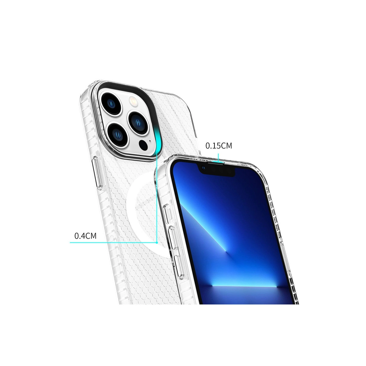 Şeffaf kılıf telefon kamerasını ve ekranını gösterir. Ölçüler 0,4cm ve 0,15cm.