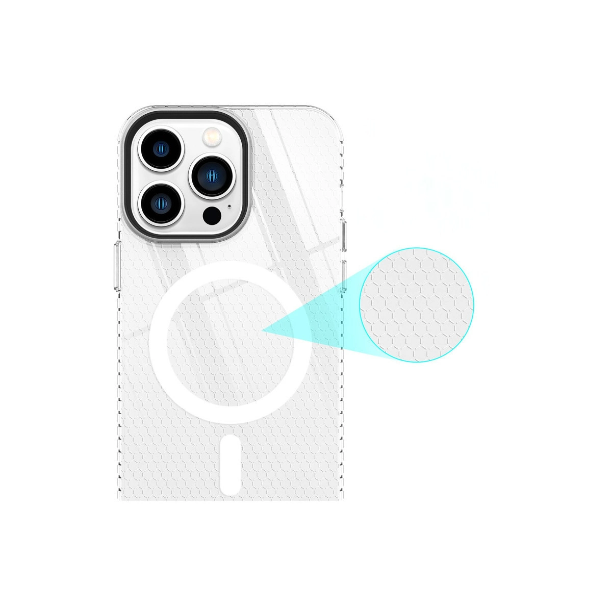 Altıgen desenli ve manyetik halkalı şeffaf telefon kılıfı.
