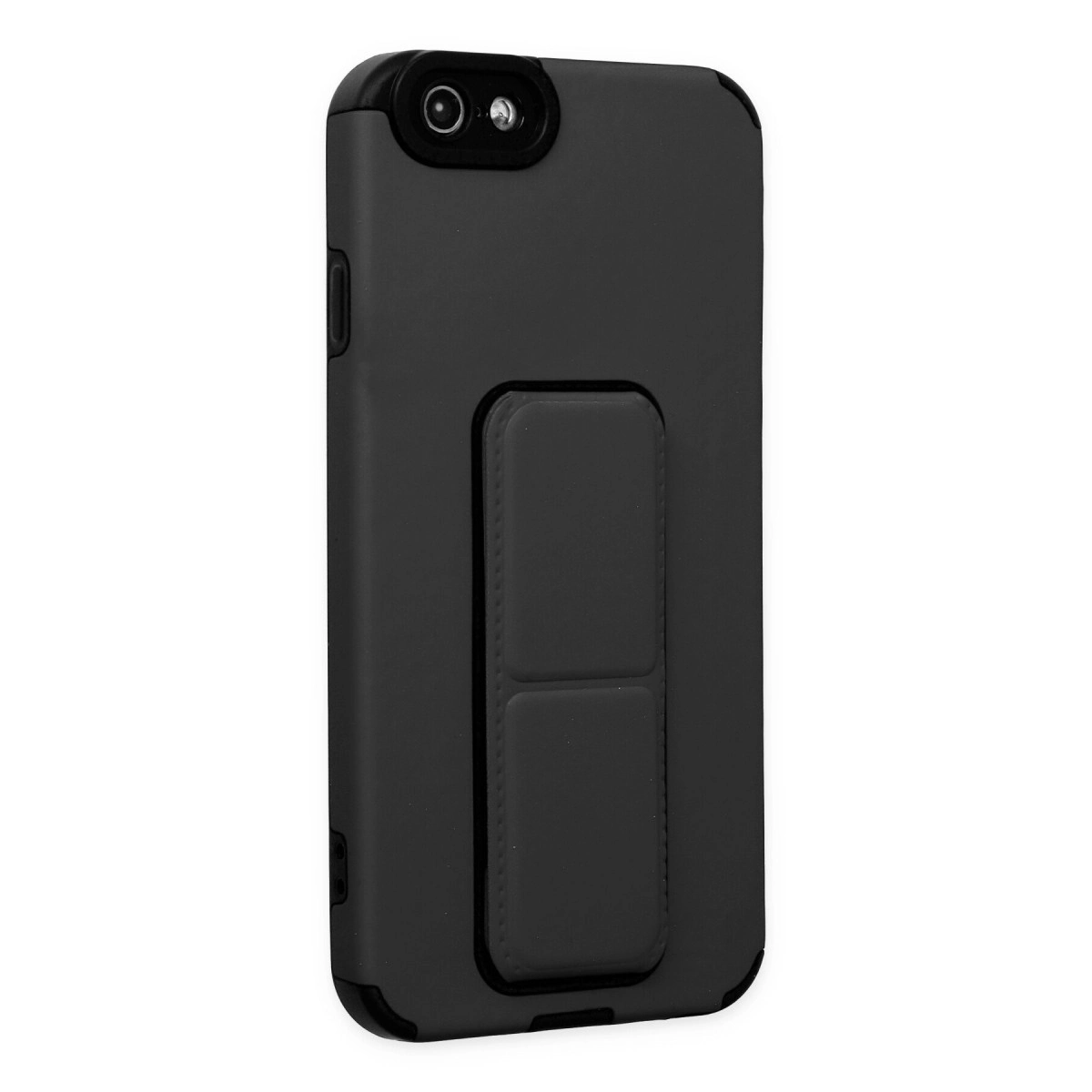 Pop soket tutuculu siyah telefon kılıfı, beyaz arka plan.