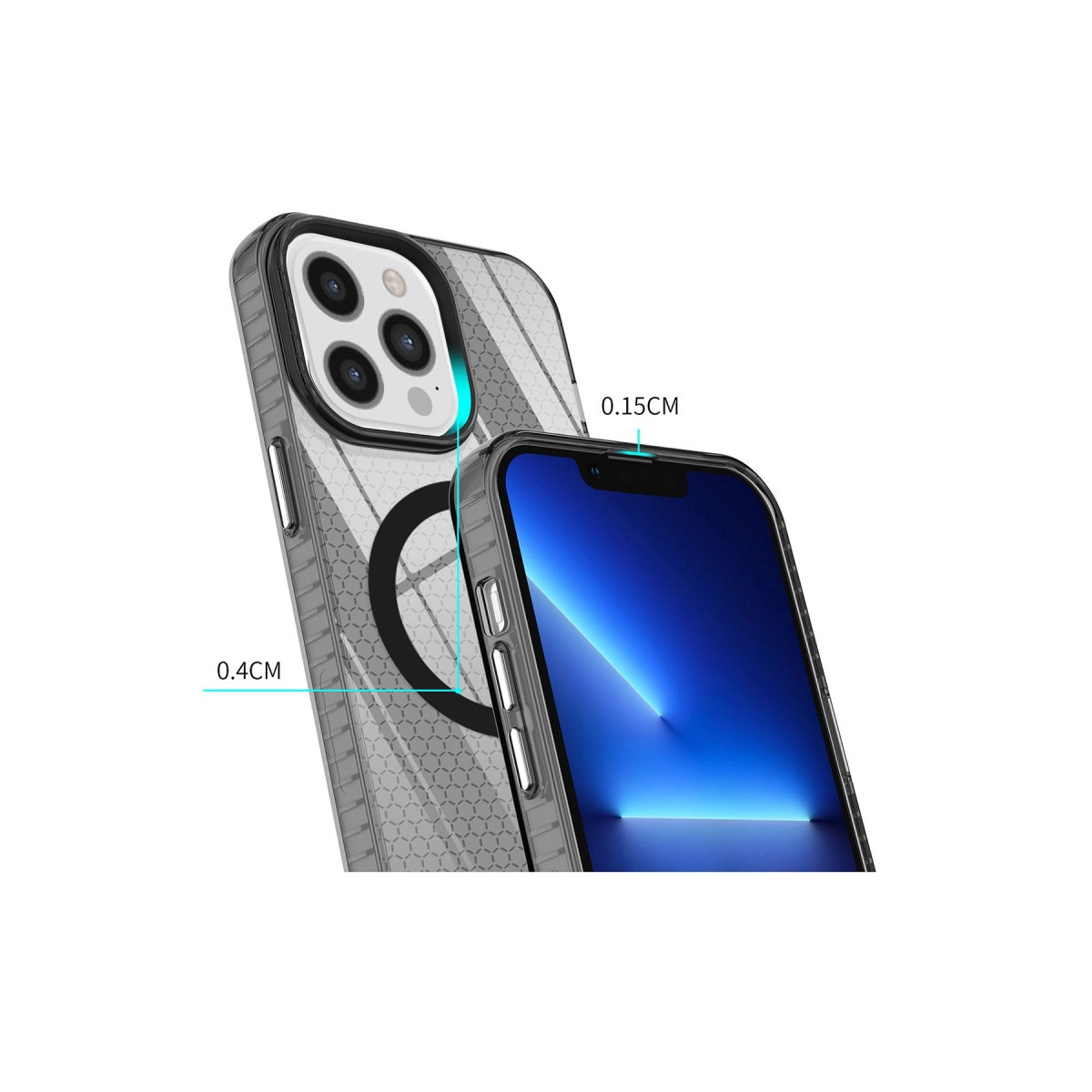 Desenli şeffaf telefon kılıfı, ölçüler 0,4cm ve 0,15cm.