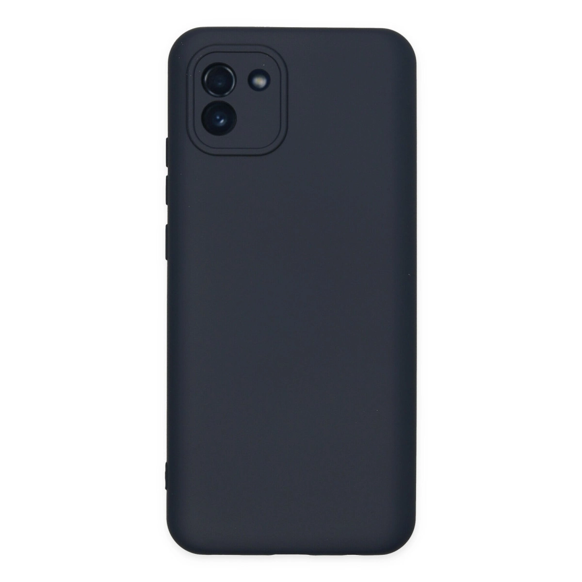 Koyu gri telefon kılıfı, kamera kesimiyle, beyaz arka plan üzerinde.