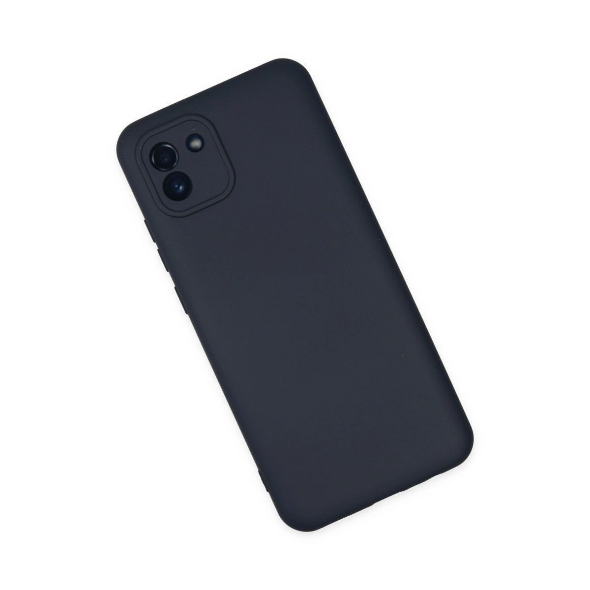 Beyaz arka plan üzerinde üç kameralı koyu gri telefon.