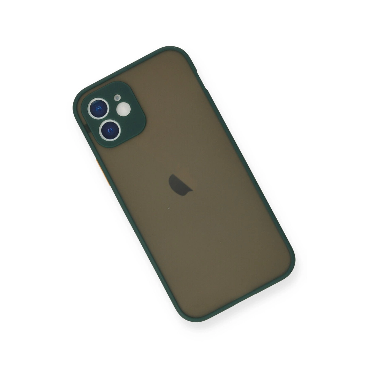 Koyu yeşil kenarlıklı ve kamera modüllü koyu kahverengi telefon.