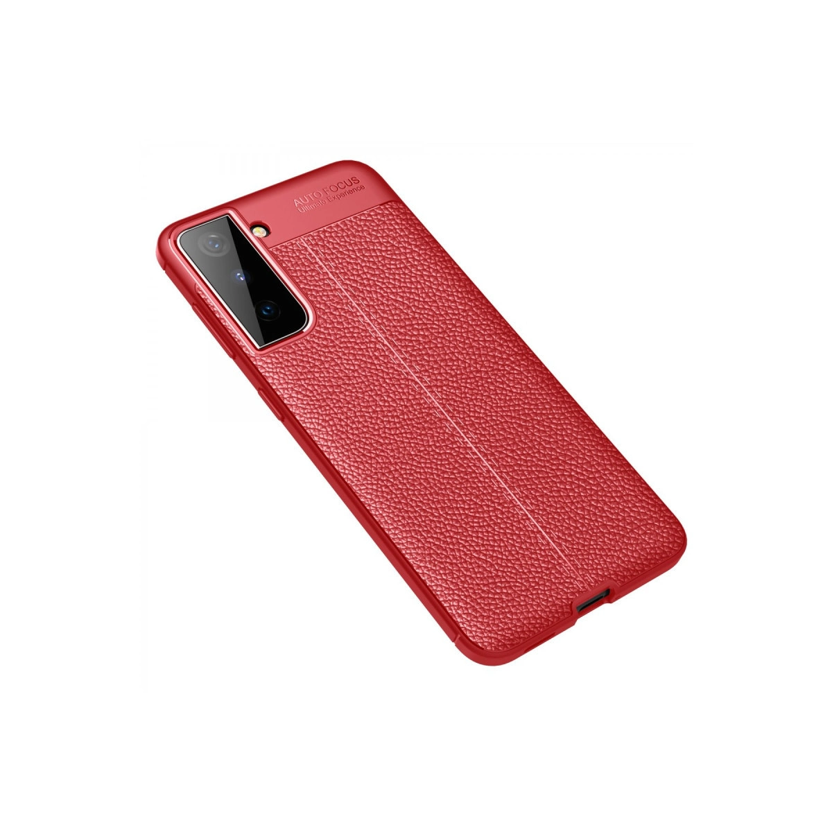 Kamera kesimli, kırmızı, dokulu telefon kılıfı.