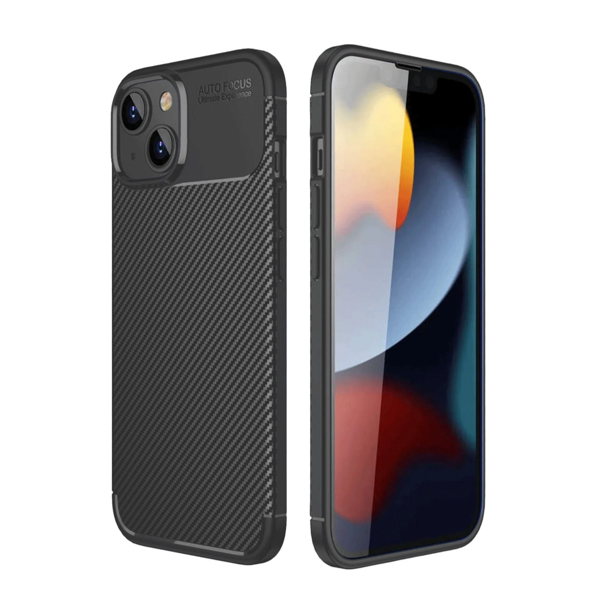 Karbon fiber desenli siyah telefon kılıfı ve yanında bir akıllı telefon.