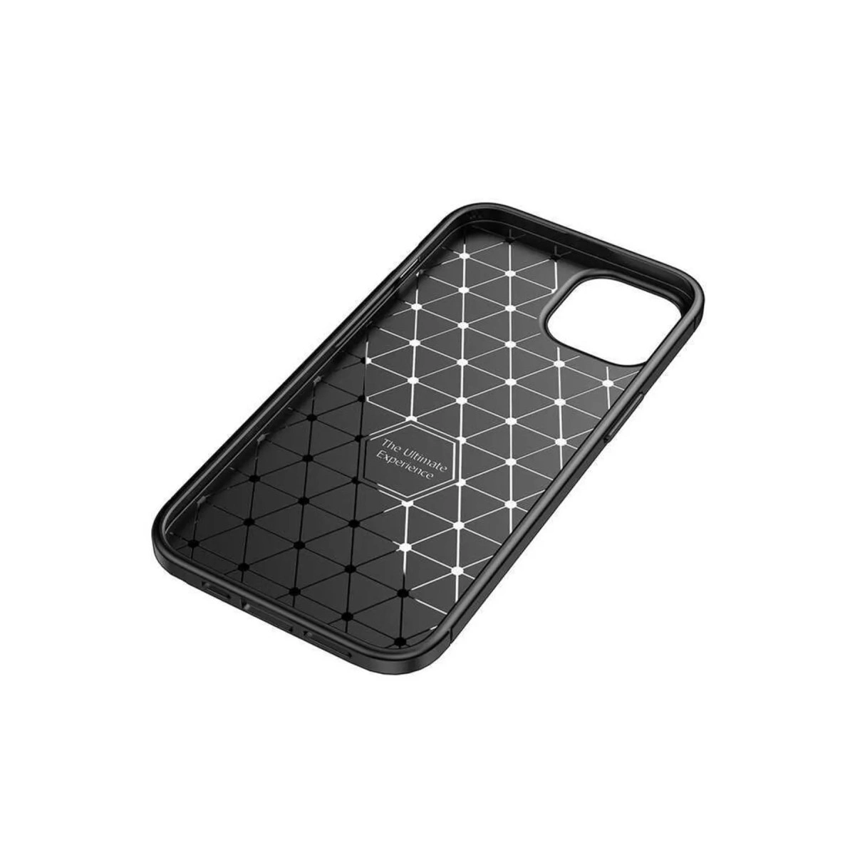 Geometrik desenli ve kamera kesimli siyah telefon kılıfı. Yazı: 'The Ultimate Experience'.