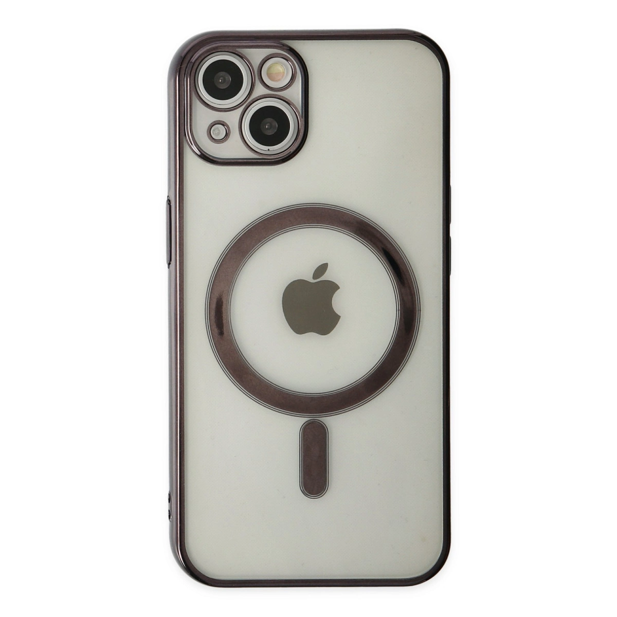 Apple logosu ve manyetik halkalı şeffaf telefon kılıfı.