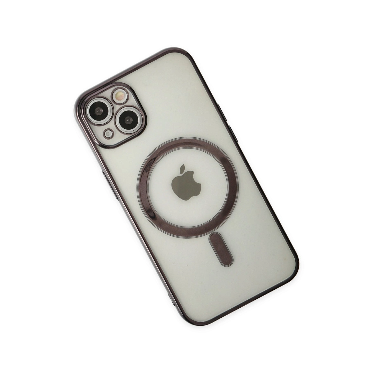 Koyu kenarlı ve Apple logosu olan şeffaf iPhone kılıfı.