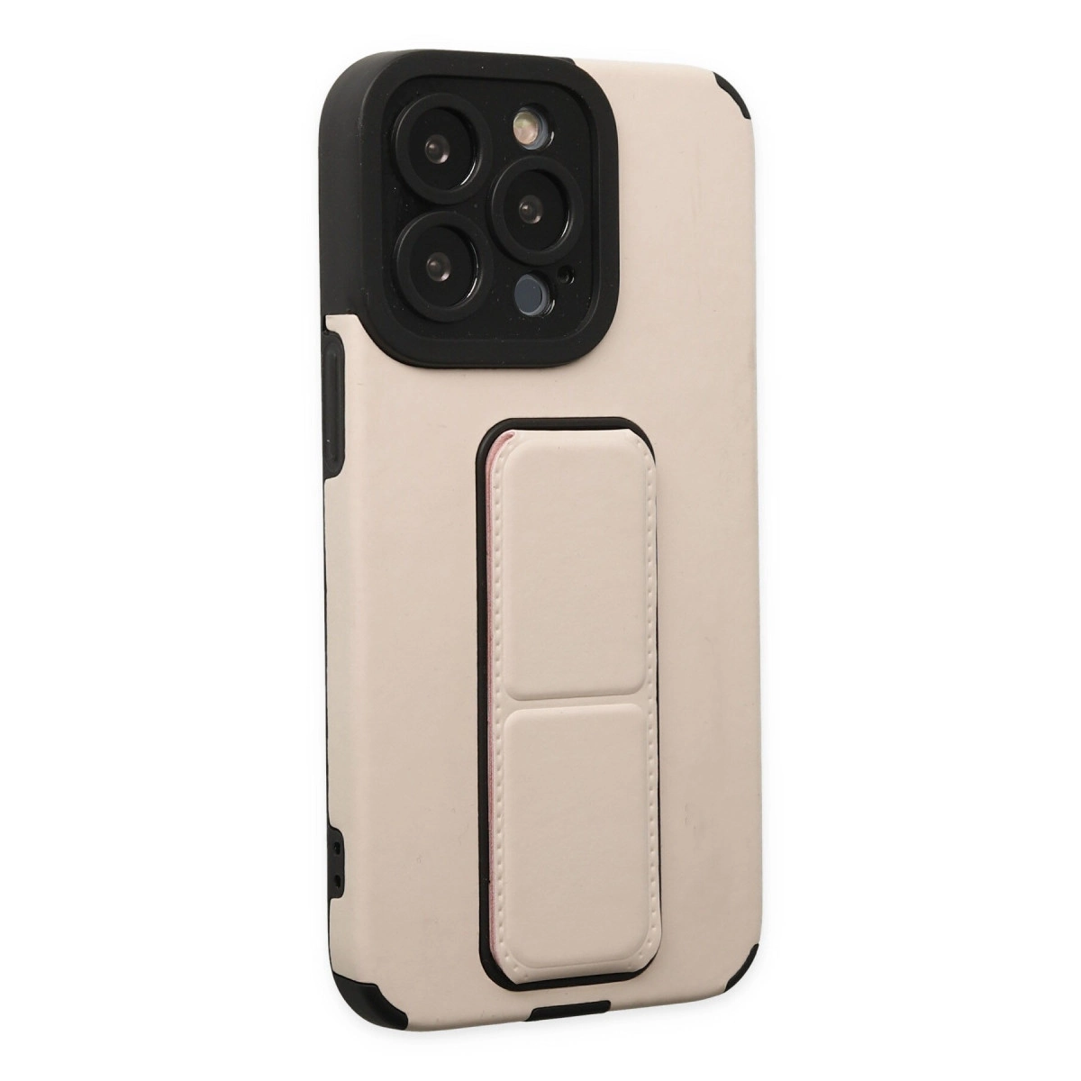 Siyah kamera modülüne ve entegre tutamağa sahip bej telefon kılıfı.