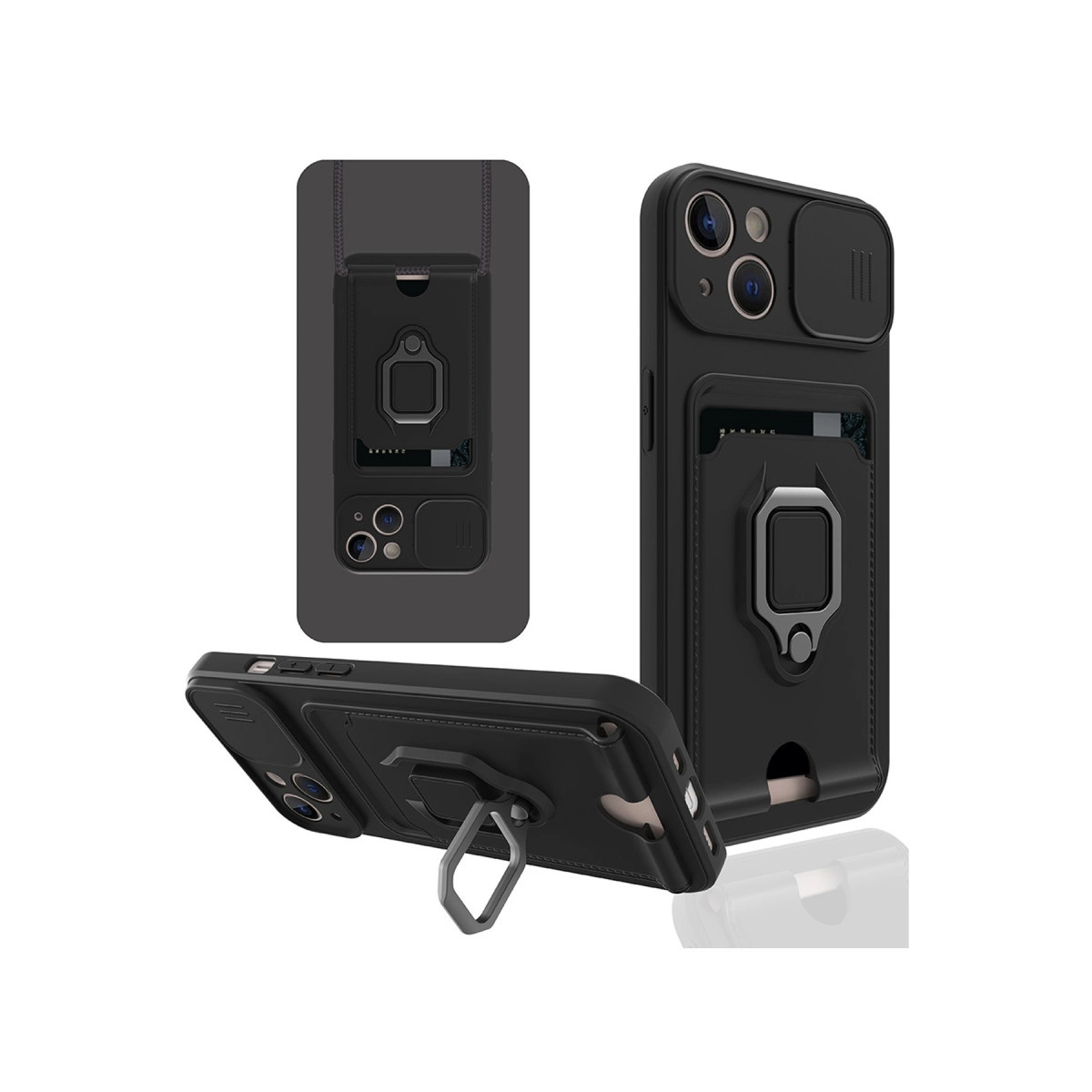 Kart tutuculu ve halkalı stantlı siyah telefon kılıfı, üç açıdan gösterilmiştir.
