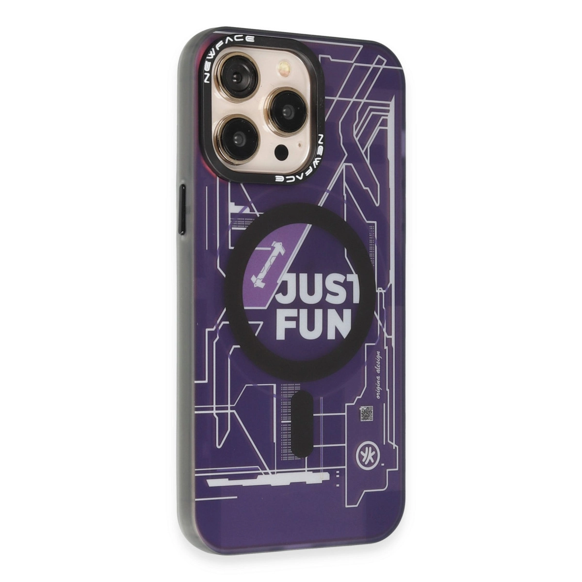 Teknik desenli mor iPhone kılıfı, üzerinde "JUST FUN" yazısı.