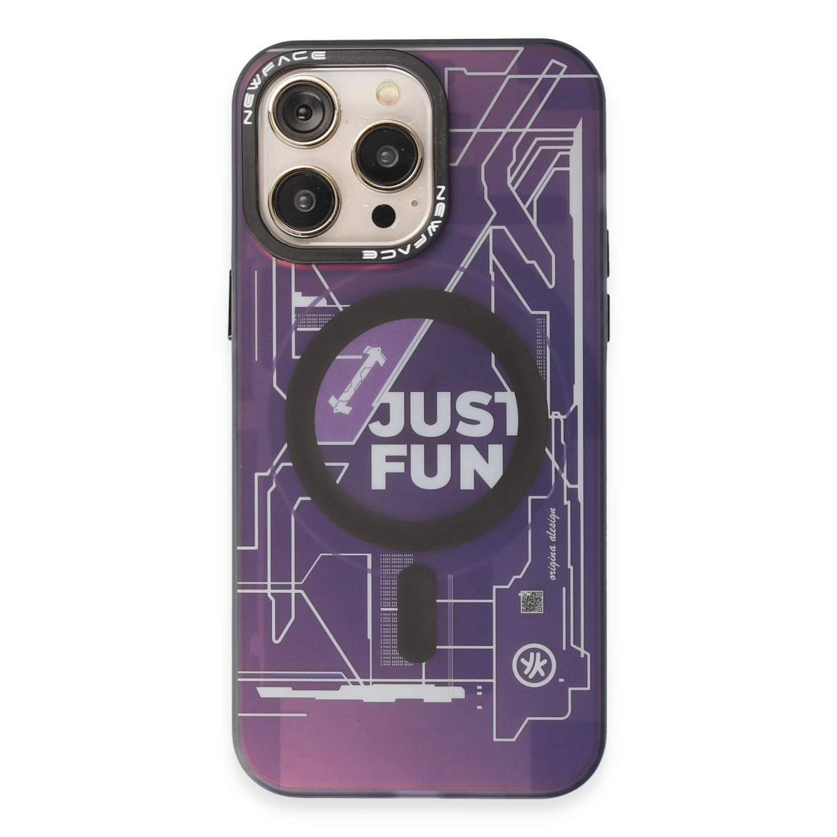 Devre tahtası tasarımlı mor telefon kılıfı "JUST FUN" yazılı.