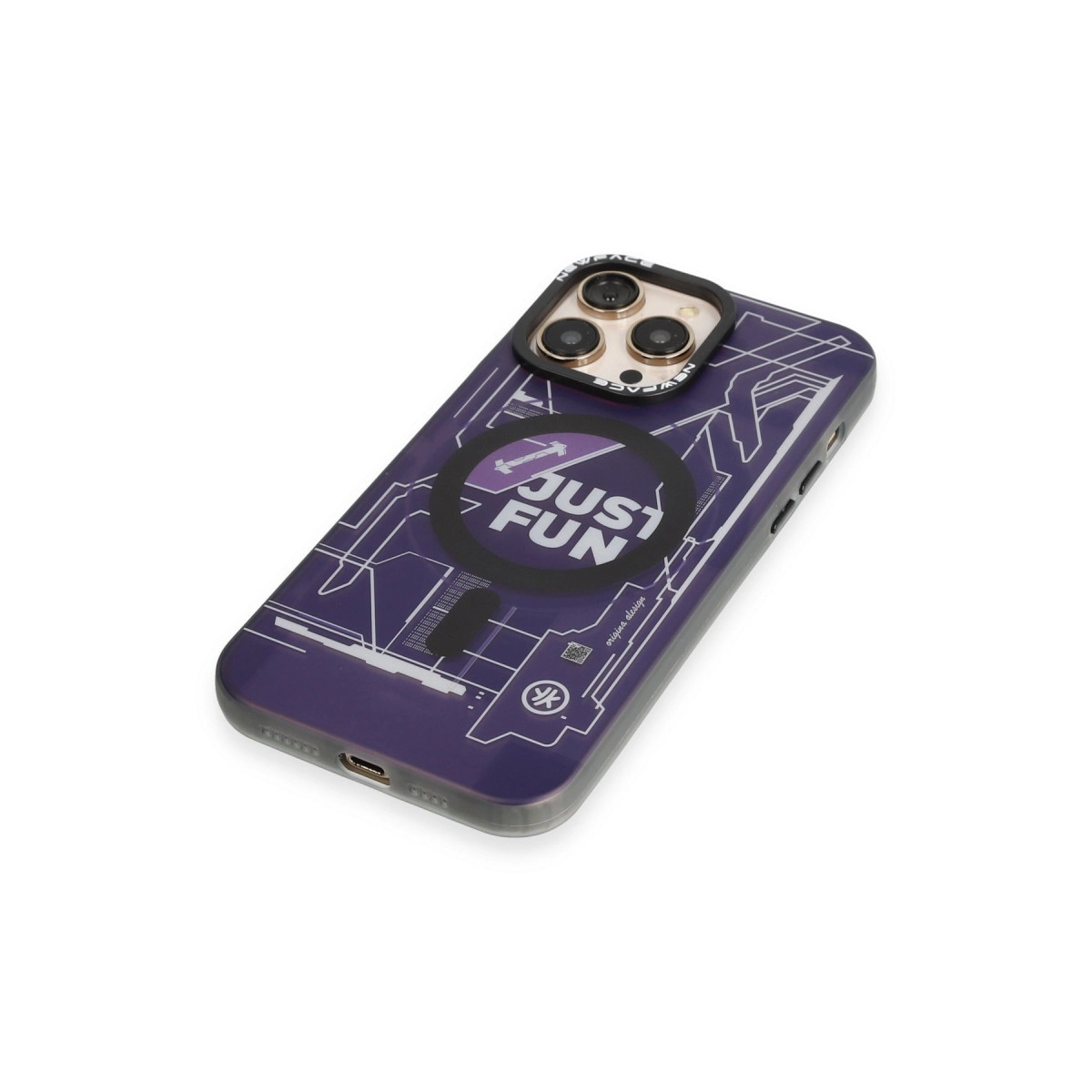Büyüteç ve teknik çizgiler altında "JUST FUN" yazılı mor iPhone kılıfı.