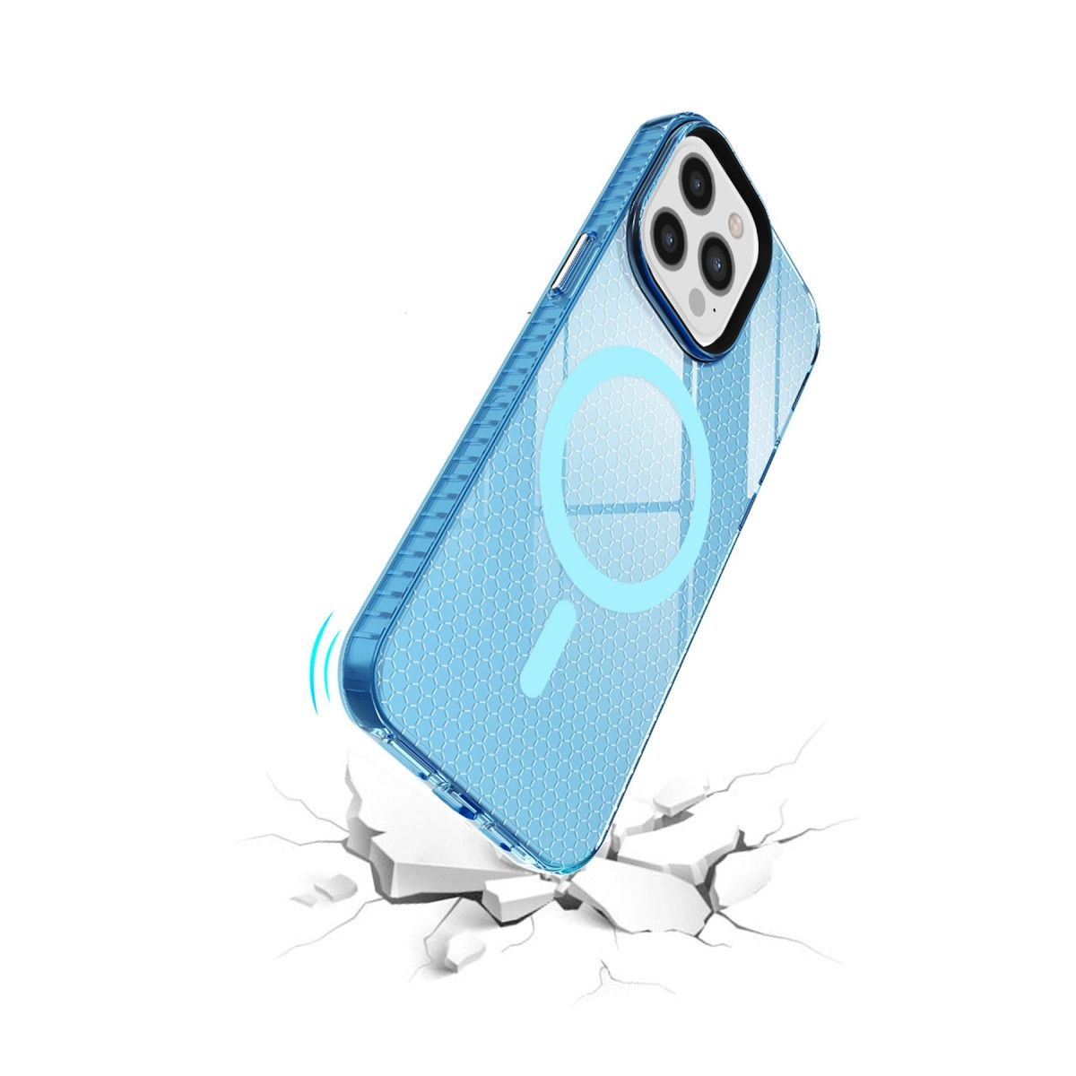 MagSafe halkalı mavi telefon kılıfı çatlak zemine düşüyor.
