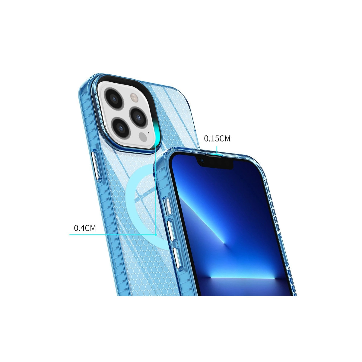 Bal peteği desenli şeffaf mavi telefon kılıfı 0,4cm ve 0,15cm ölçülerini gösterir.