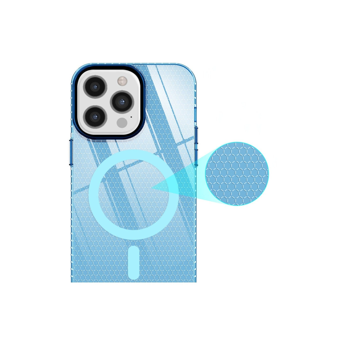Petek desenli ve kamera modüllü mavi telefon kılıfı. Manyetik halka vurgulanmış.
