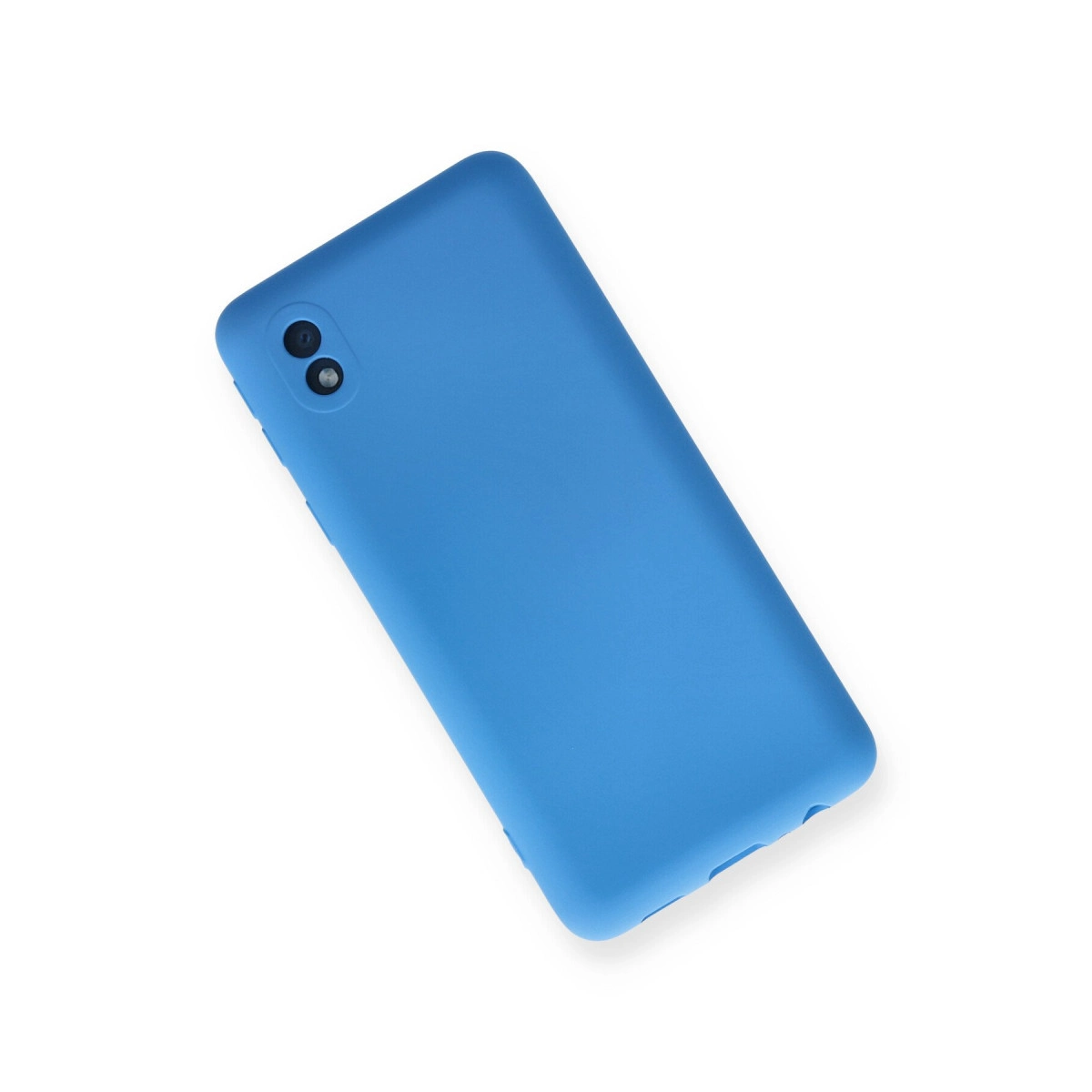 Beyaz zeminde iki kamera lensli mavi telefon kılıfı.