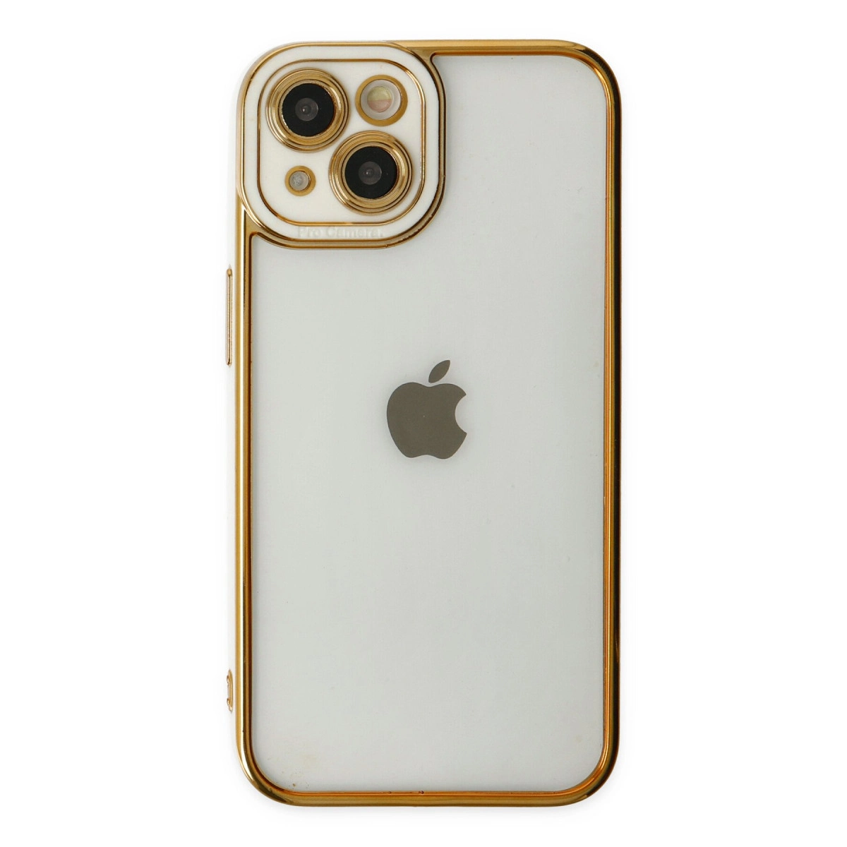 Altın kenarlı beyaz iPhone'un arkası, üçlü kamera kurulumu.