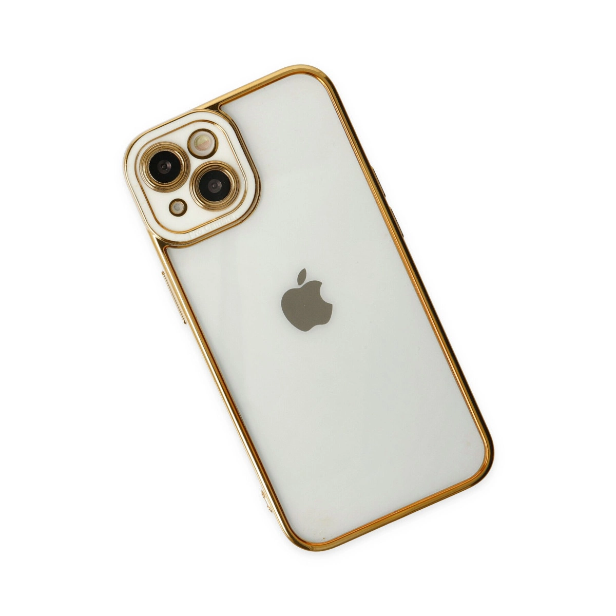 Altın çerçeveli ve kamera çıkıntılı beyaz iPhone, beyaz zeminde.