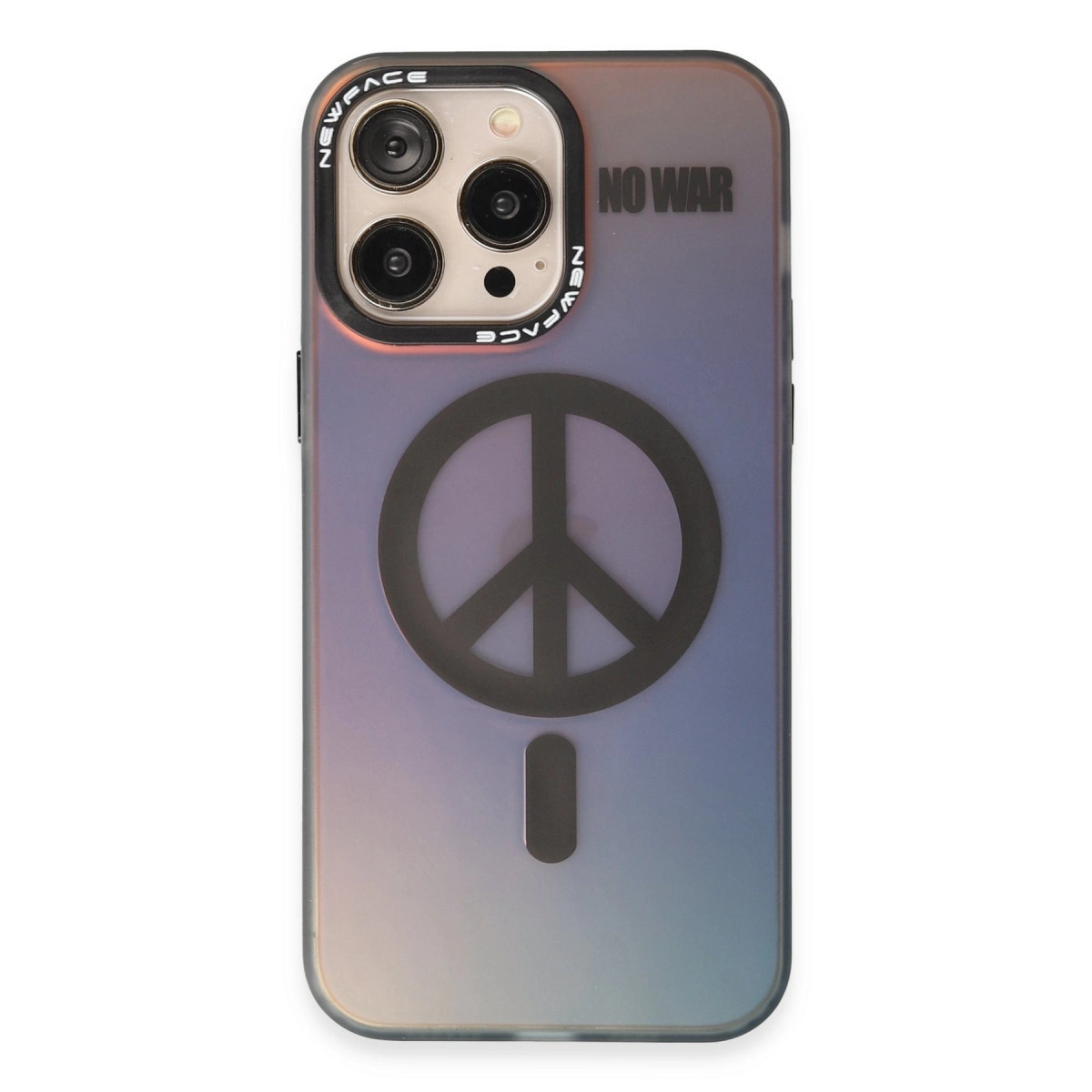 Degrade arka plan üzerinde barış işareti ve "NO WAR" yazılı iPhone kılıfı.