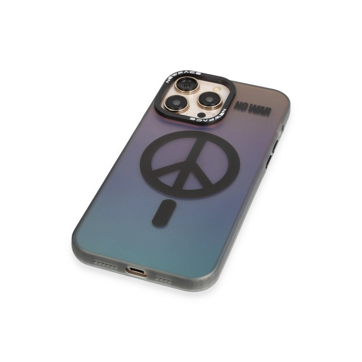 Barış sembolü ve "NO WAR" yazılı şeffaf telefon kılıfı.