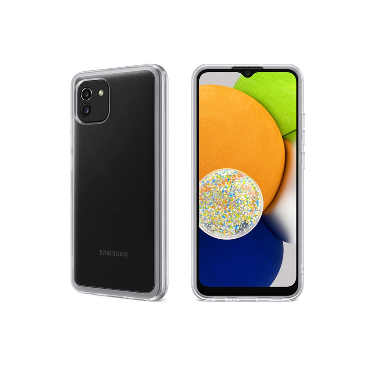 Şeffaf kılıfta siyah Samsung telefon, ön ve arka görünümler.