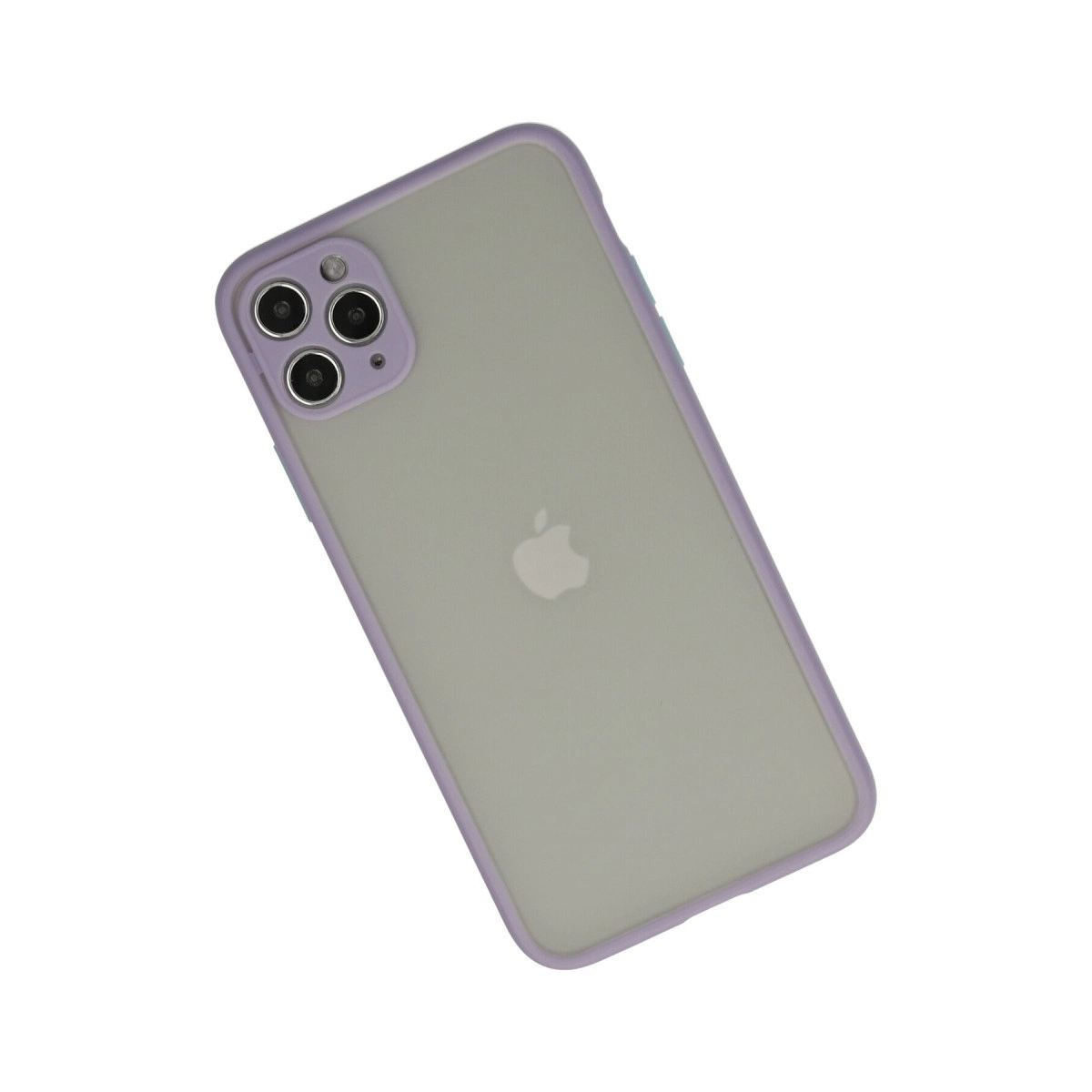 Arkada Apple logosu bulunan mor bir telefon kılıfı.