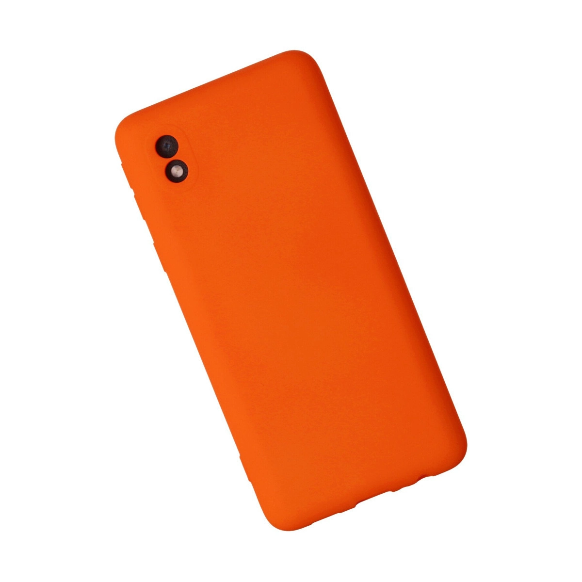 Beyaz arka plan üzerinde iki kamera lensli turuncu telefon kılıfı.