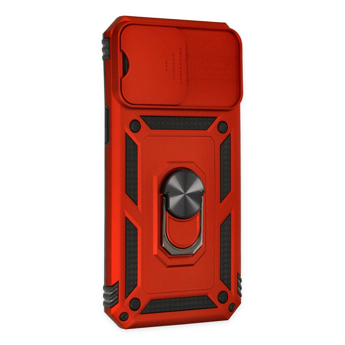 Kamera kaydırmalı kapaklı ve metal halka tutuculu kırmızı telefon kılıfı.